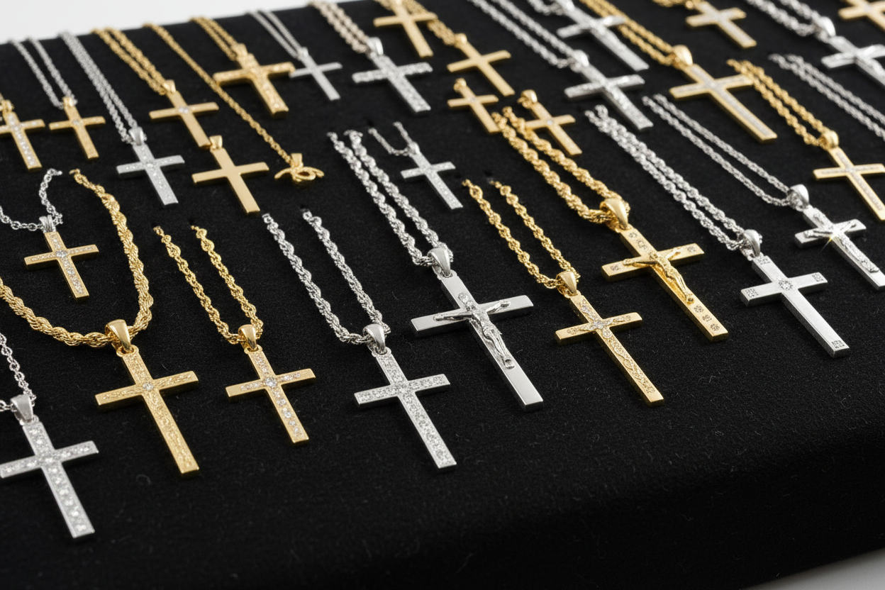 A big group of cross necklaces some gold and some silver on a black felt bench